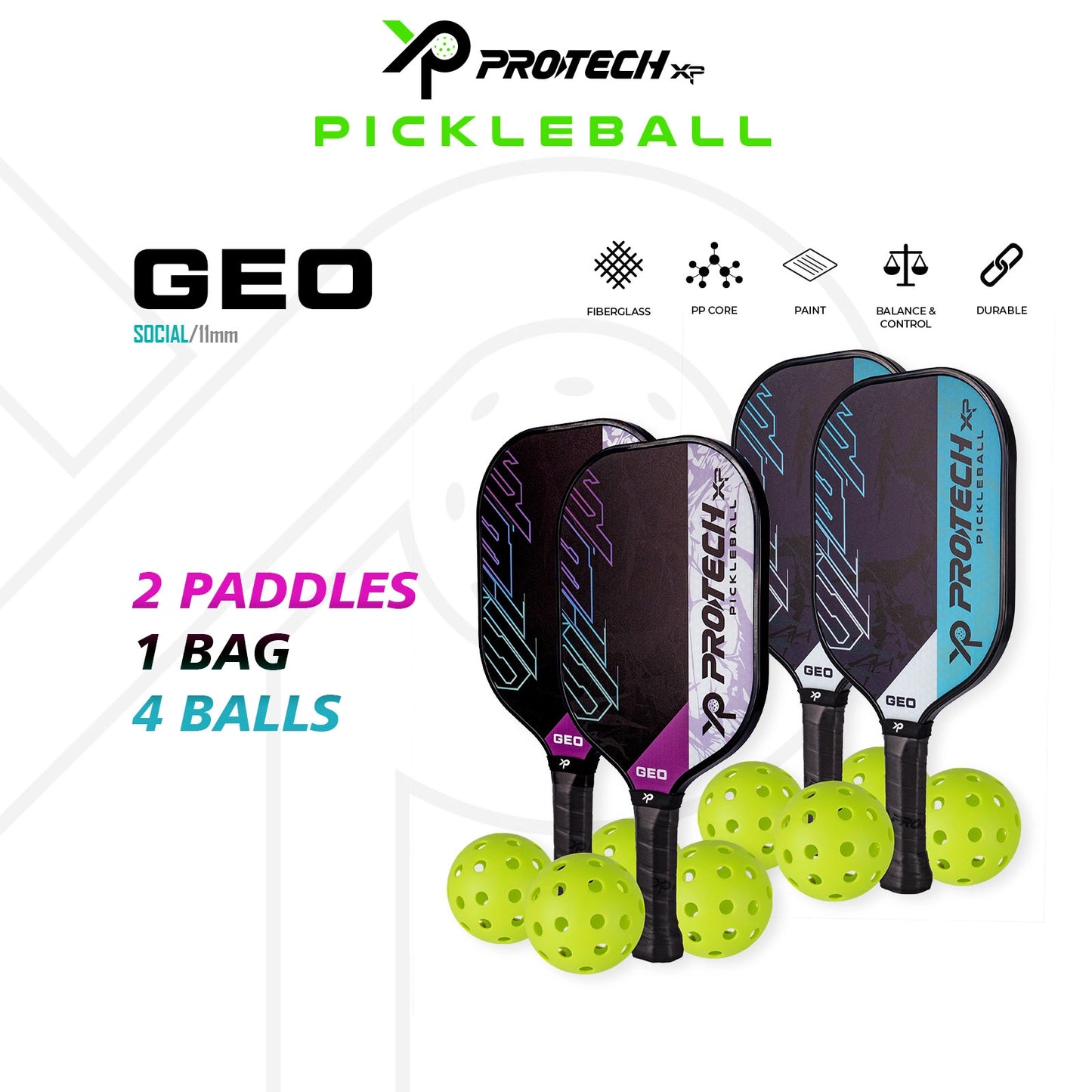 PROTECH PICKLEBALL PADDLE GEO SETS C/W BAG PADDLE-2PC C/W BALLS-4PCS